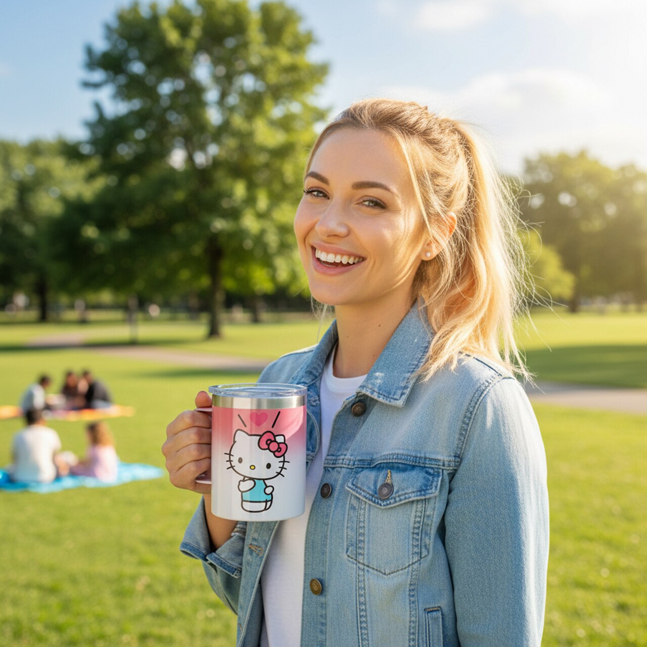 Hello Kitty Text and Character 14oz Vacuum Sealed Stainless Steel Coffee Mug